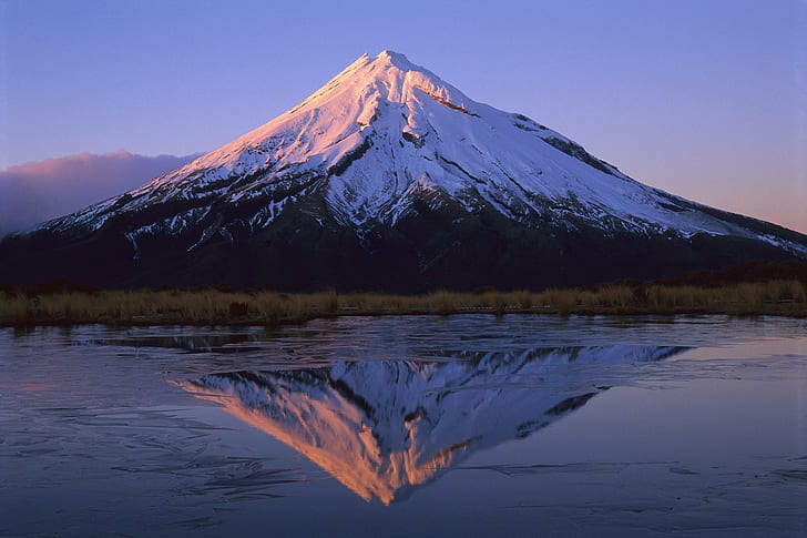 Mt Taranaki. New Zeal, snow, sunrise, volcano, 3d and abstract, HD wallpaper