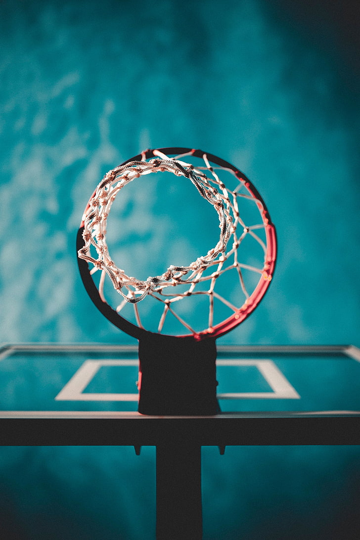 نظام طوق كرة السلة باللونين الأحمر والأبيض ، حلقة كرة السلة ، شبكة ، طمس، خلفية HD، خلفية الهاتف