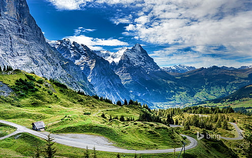 vallée de montagne, route, montagnes, maison, Suisse, le col de la Grosse Scheidegg, l'Eiger, Eiger, Fond d'écran HD HD wallpaper