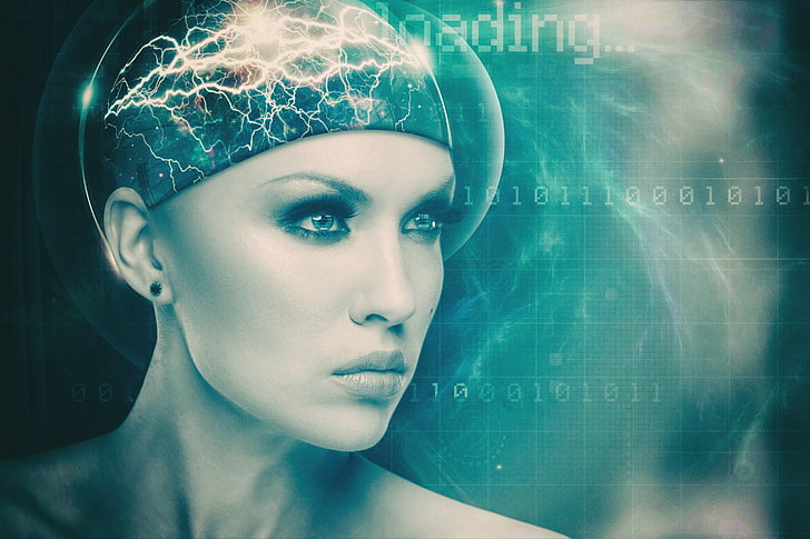 Dmytro Tolokonov, face, futuristic, brain, digital art, 500px, women, HD wallpaper