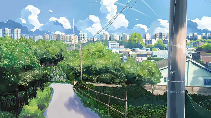kota urban animasi, ilustrasi, langit, awan, kota, pohon, Wallpaper HD
