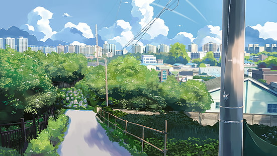 анимиран градски град, илюстрация, небе, облаци, град, дървета, HD тапет HD wallpaper