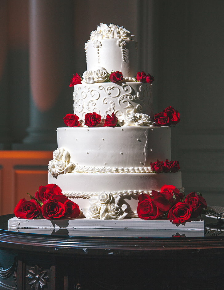 weiße 3-stufige überdachte Torte, Torte, Rosen, Dessert, Dekoration, HD-Hintergrundbild, Handy-Hintergrundbild