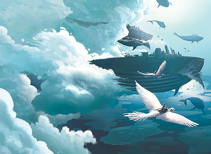 pássaro branco, história em quadrinhos, voo, pássaro, nuvem, voando, céu, baleia, HD papel de parede HD wallpaper