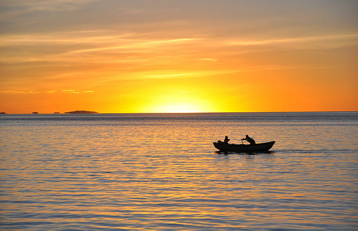 boat on calm sea with man and child during golden hour, Copacabana, Sunset, boat, calm, sea, man, child, golden hour, canoe, sailing, yellow, red  blue, silhouette, sun  bright, water, haze, heat  setting, night, evening, twilight, rowing  oar, man  work, fisherman, fishing, bolivia, titicaca, puno, la  paz, south  america, Richard  James, Leeds, Photography, nautical Vessel, nature, beach, summer, dusk, sky, vacations, outdoors, sun, tranquil Scene, HD wallpaper