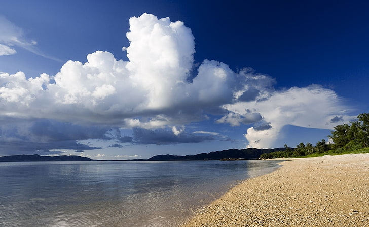 nuages ​​blancs et rivage de la plage, nuages, volume, protégés, Fond d'écran HD