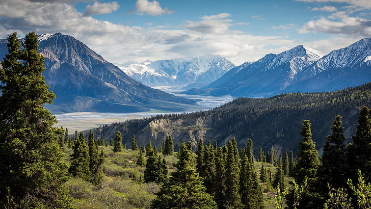 park narodowy i rezerwat Kluane, natura, góra, pustynia, niebo, pasmo górskie, park narodowy, montowanie scenerii, drzewo, Kanada, Yukon, chmura, szczyty, dolina, Tapety HD