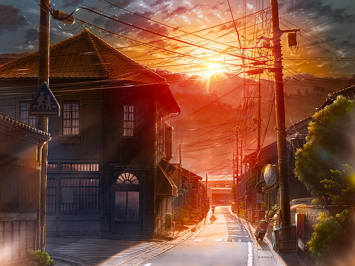 anime street, solnedgång, byggnader, natursköna, Anime, HD tapet