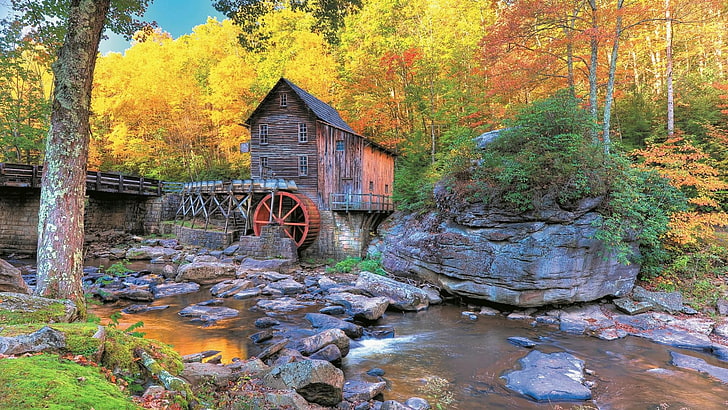 Babcock State Park, Glade Creek Grist Mill, мелница, Creek, Вирджиния, есен, САЩ, Grist, поляна, парк, САЩ, гора, Западна Вирджиния, HD тапет