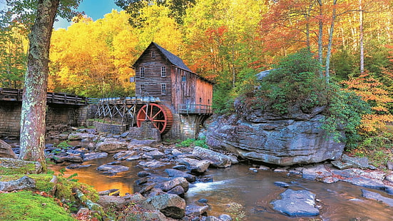 Babcock State Park, Glade Creek Grist Mill, мелница, Creek, Вирджиния, есен, САЩ, Grist, поляна, парк, САЩ, гора, Западна Вирджиния, HD тапет HD wallpaper