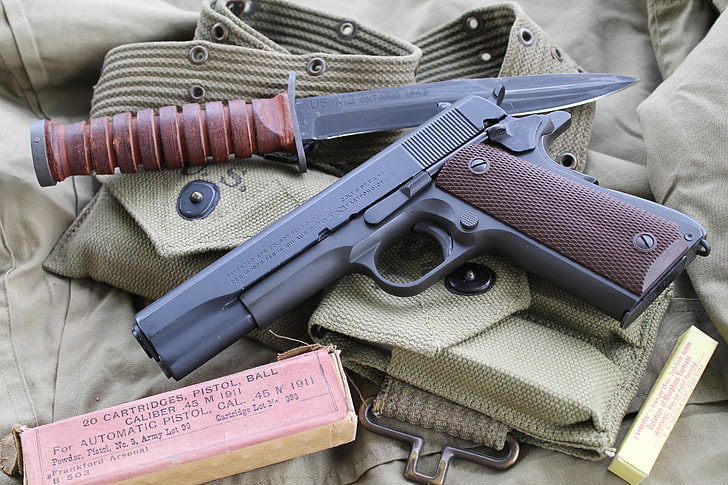 pistola, armas, faca, M1911, auto-carregável, HD papel de parede
