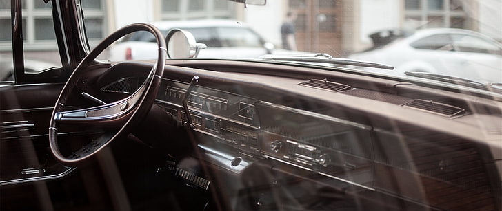 black steering wheel, car, car interior, Vintage car, HD wallpaper