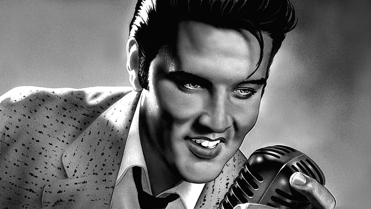 Elvis Presley, figure, art, actor, microphone, pencil, musician, singer, sings, Elvis Presley, rock-n-roll, producer, BW., HD wallpaper