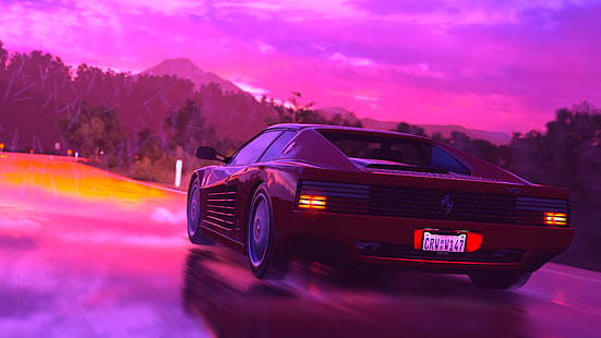 Ferrari Testarossa, Synth, auto, Retrowave, Sfondo HD HD wallpaper