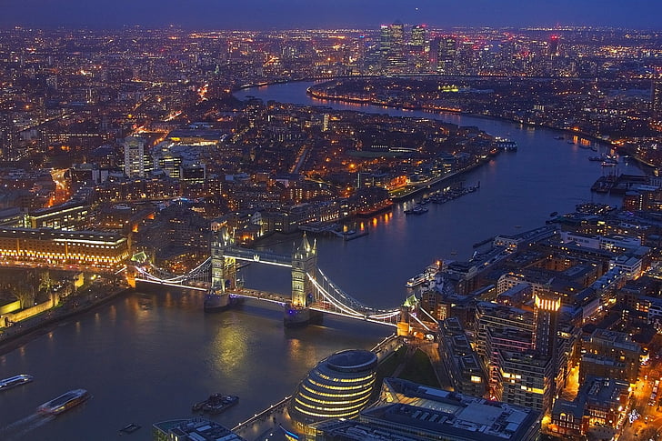 Cities, London, Aerial, Bride, Building, City, Night, River, Thames, Tower Bridge, Inggris Raya, Wallpaper HD