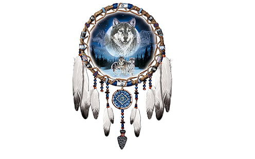 gray and blue dreamcatcher, feathers, white background, wolves, wolf, Dreamcatcher, HD wallpaper HD wallpaper