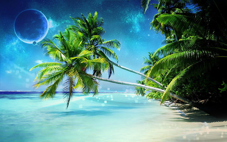 green leaf trees near body of water illustration, sea, palm trees, planet, Shore, Dreamy World, HD wallpaper