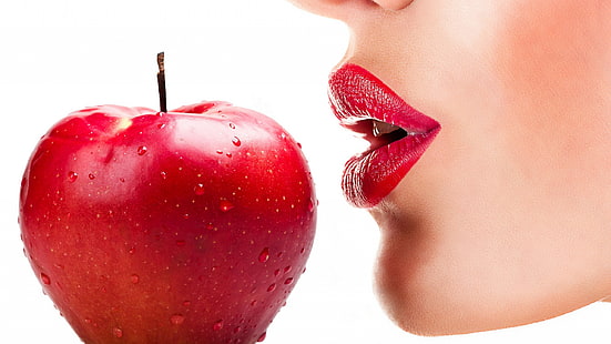 water drops, juicy lips, closeup, open mouth, portrait, red lipstick, lips, glowing, fruit, face, apples, women, HD wallpaper HD wallpaper