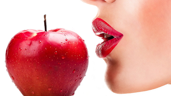Frauen, Gesicht, Porträt, Lippen, roter Lippenstift, offener Mund, Nahaufnahme, Obst, Äpfel, Wassertropfen, leuchtende, saftige Lippen, HD-Hintergrundbild