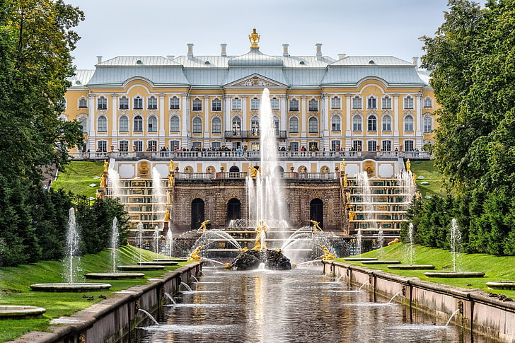 宮殿、宮殿、噴水、ペテルゴフ宮殿、ロシア、サンクトペテルブルク、 HDデスクトップの壁紙