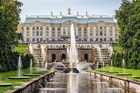 قصور ، قصر ، نافورة ، قصر بيترجوف ، روسيا ، سانت بطرسبرغ، خلفية HD HD wallpaper