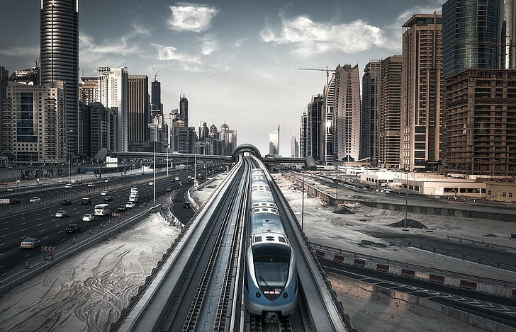 фотография, влак, писти, архитектура, сграда, път, трафик, Дубай, градски пейзаж, Обединени арабски емирства, футуристичен, HD тапет