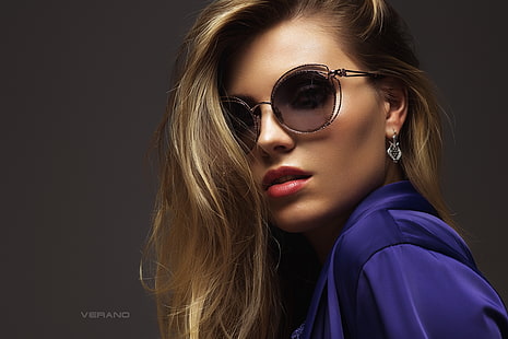 women, model, face, simple background, women with glasses, blonde, portrait, Nikolas Verano, HD wallpaper HD wallpaper