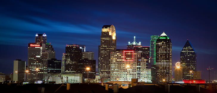 панорамное фото городского пейзажа, Даллас, Даллас, горизонт, панорамное фото, городской пейзаж, Creative Commons, Даллас Техас, ночь, городской горизонт, небоскреб, центр города, США, городская сцена, город, архитектура, известное место, освещенная, сумерки, здание Экстерьер, HD обои
