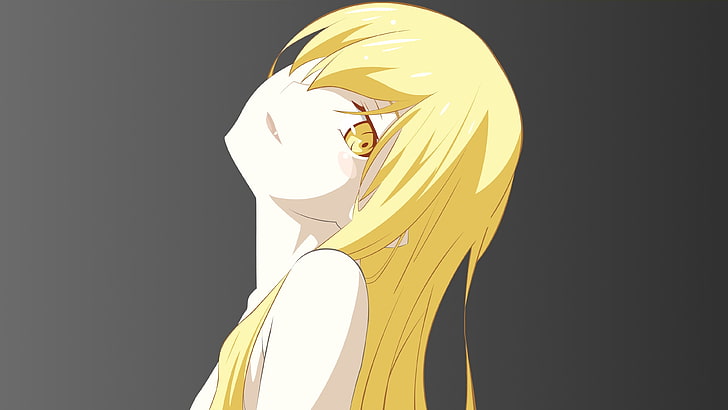 blonde-haired woman illustration, yellow haired female Anime character illustration, anime, anime girls, Oshino Shinobu, long hair, blonde, vector art, Monogatari Series, Head tilt, HD wallpaper