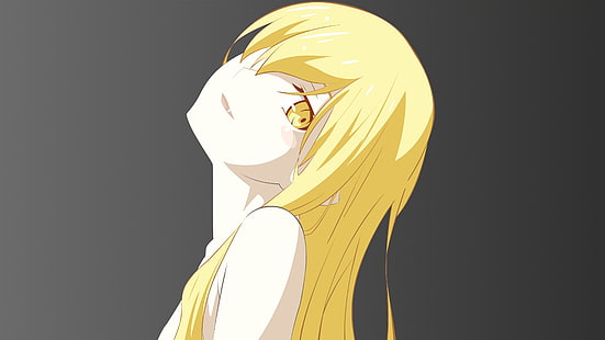 Inclinaison de la tête, art vectoriel, anime, série Monogatari, blonde, cheveux longs, filles de l'anime, Oshino Shinobu, Fond d'écran HD HD wallpaper