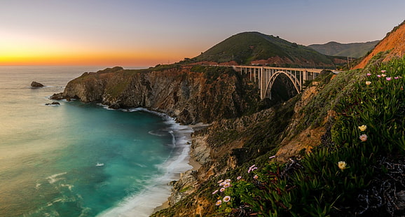 橋、橋、ビッグサー、ビクスビークリーク橋、カリフォルニア、海岸、人工、山、海、海、 HDデスクトップの壁紙 HD wallpaper