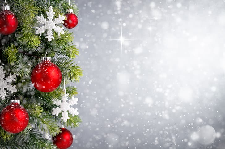 decoration, snowflakes, balls, tree, New Year, Christmas, happy, bokeh, Merry Christmas, Xmas, HD wallpaper