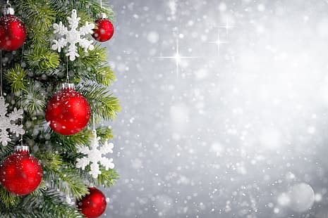decoração, flocos de neve, bolas, árvore, Ano Novo, Natal, feliz, bokeh, Feliz Natal, Natal, HD papel de parede HD wallpaper
