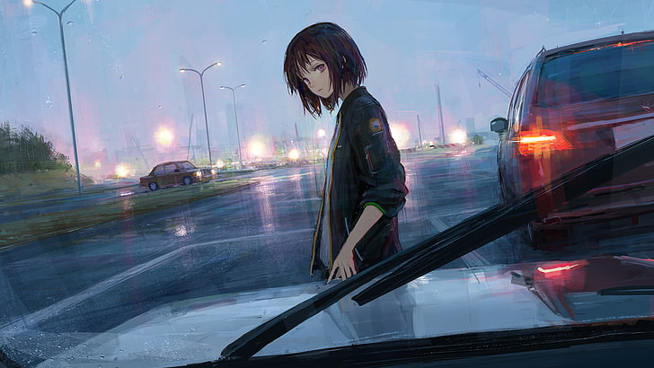 personnage féminin aux cheveux noirs dans le papier peint numérique de la veste noire, personnage de l'anime aux cheveux noirs, filles de l'anime, voiture, trafic, pluie, paysage urbain, Fond d'écran HD