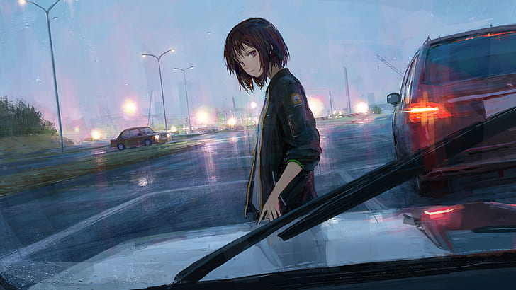 carro, tráfego, chuva, meninas anime, paisagem urbana, HD papel de parede