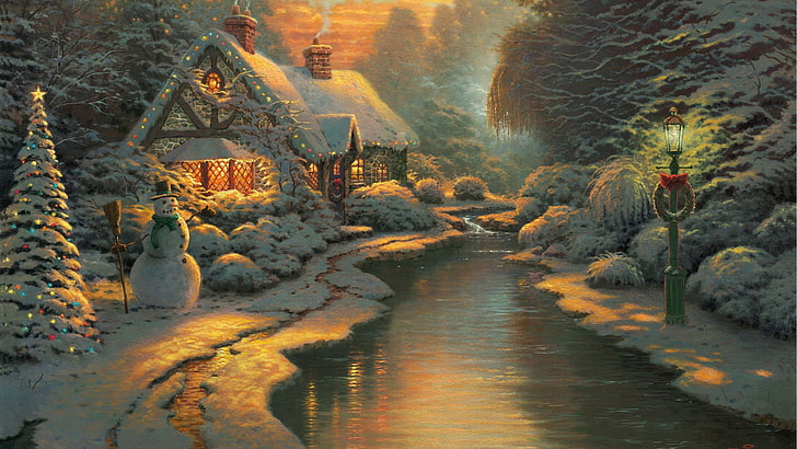 house, trees, and lake digital wallpaper, forest, snow, lights, figure, winter, lantern, house, snowman, tree, river, painting, Christmas, Landscapes, fabulous, New Year, the light in the window, Thomas Kinkade, Christmas party, Christmas evening, HD wallpaper