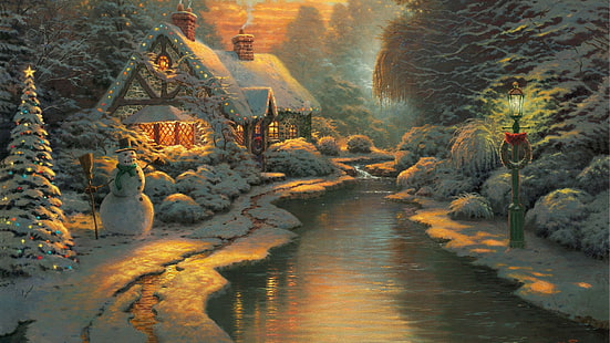 house, trees, and lake digital wallpaper, forest, snow, lights, figure, winter, lantern, house, snowman, tree, river, painting, Christmas, Landscapes, fabulous, New Year, the light in the window, Thomas Kinkade, Christmas party, Christmas evening, HD wallpaper HD wallpaper