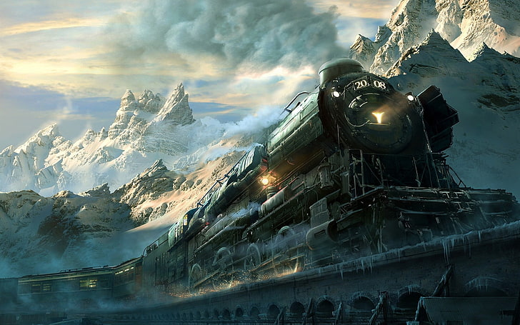 wallpaper kereta uap hitam, pemandangan, kereta api, gunung, salju, es, mesin, awan, musim dingin, alam, puncak bersalju, lokomotif uap, matahari terbenam, sinar matahari, Wallpaper HD