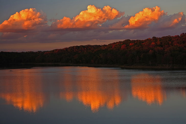 naturaleza, paisaje, agua, nubes, otoño, árboles, bosque, lago, puesta de sol, reflexión, Fondo de pantalla HD