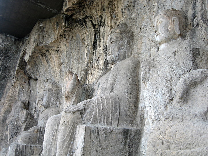 gray buddha statue, longman grottoes, cave, holy, landmark, stone, HD wallpaper