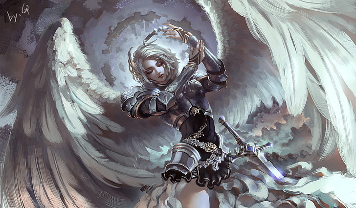 malaikat dengan ilustrasi pedang, seni fantasi, malaikat, baju besi, sayap, abu-abu, Wallpaper HD