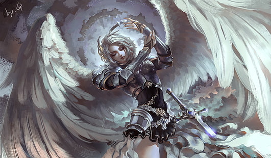 ángel con ilustración de espada, arte de fantasía, ángel, armadura, alas, gris, Fondo de pantalla HD HD wallpaper