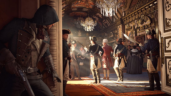 Witryna szklana z brązową drewnianą ramą, Assassin's Creed: Unity, gry wideo, Assassin's Creed, Tapety HD HD wallpaper