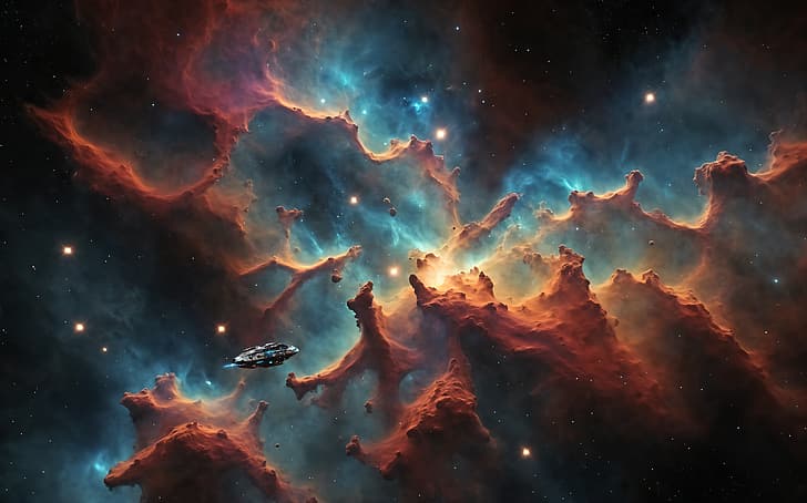 Deep Space, spaceship, nebula, HD wallpaper