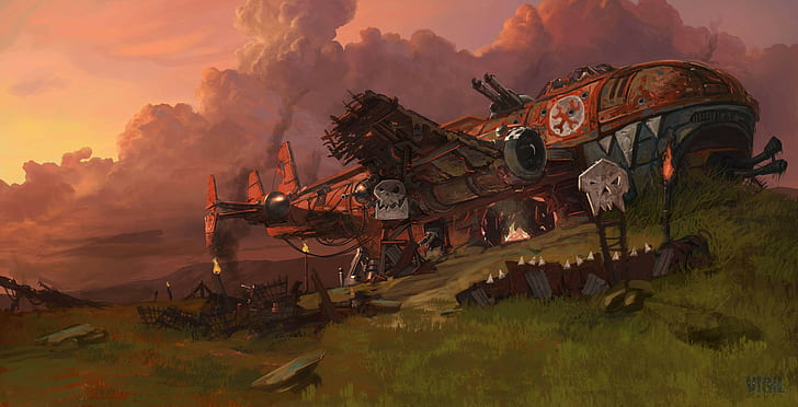 Warhammer 40,000, orks, wreck, ruin, aircraft, HD wallpaper