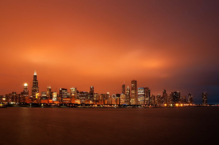 Metropolis, Chicago, USA, USA, Chicago, ตึกระฟ้า, มหานคร, กลางคืน, พระอาทิตย์ตก, ท้องฟ้า, วอลล์เปเปอร์ HD
