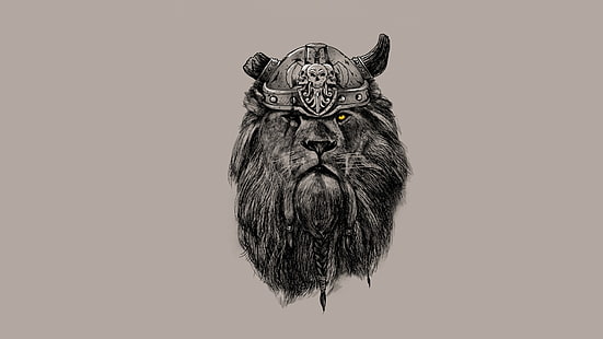 серая голова льва иллюстрация, взгляд, лев, грива, рога, шлем, косы, викинг, HD обои HD wallpaper