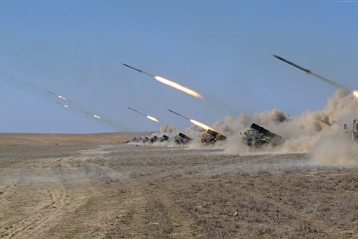 artillerie, forces armées du Kazakhstan, lance-roquettes multiple, désert, Naiza, tir, MRL, Fond d'écran HD