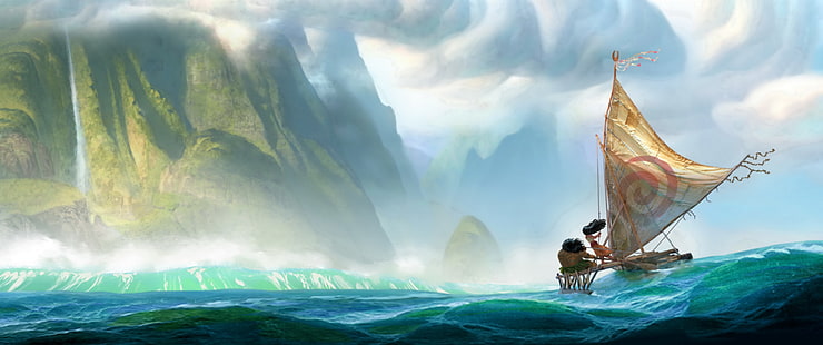 ilustrasi kapal layar, Moana, pemandangan, laut, perahu, seni fantasi, pulau, Wallpaper HD HD wallpaper