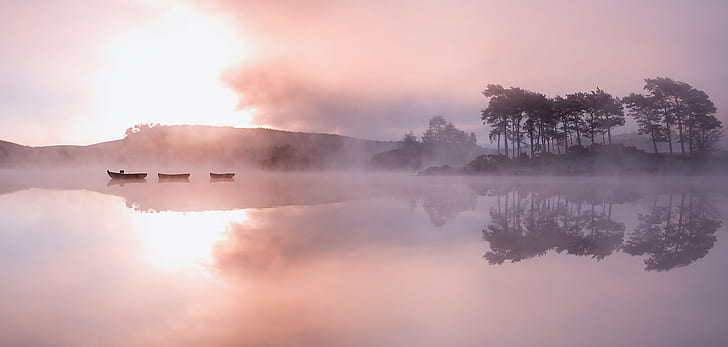 tre båtar som flyter på lugn sjö nära träd fyllda med dimma, gryning, ljus, båtar, lugn, sjö, träd, dimma, Skottland, renfrewshire, fjord, dimma, reflektion, reflektioner, soluppgång, Kilmacolm, natur, dimma, skog, träd, landskap, vatten, HD tapet